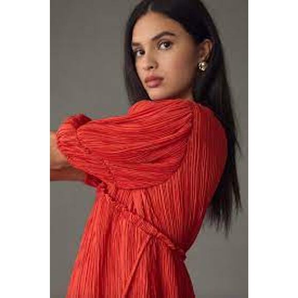 Anthropologie V-Neck Pleated Slim Midi Dress Red Holiday Party Christmas Chic S - Picture 2 of 5